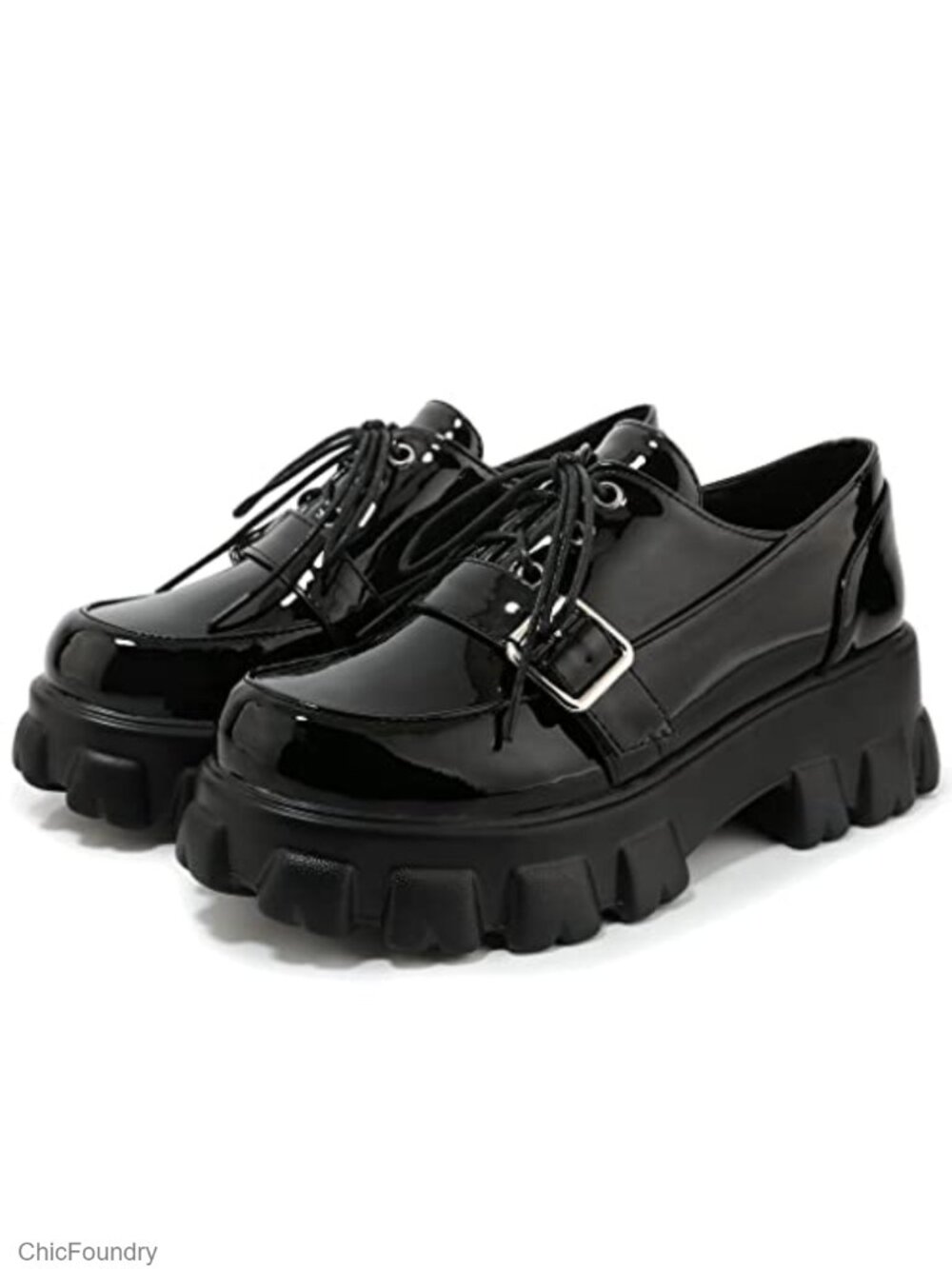 Chunky Platform Loafers Goth Buckle Shoes Women's Round Toe Lace-Up Oxford Heels